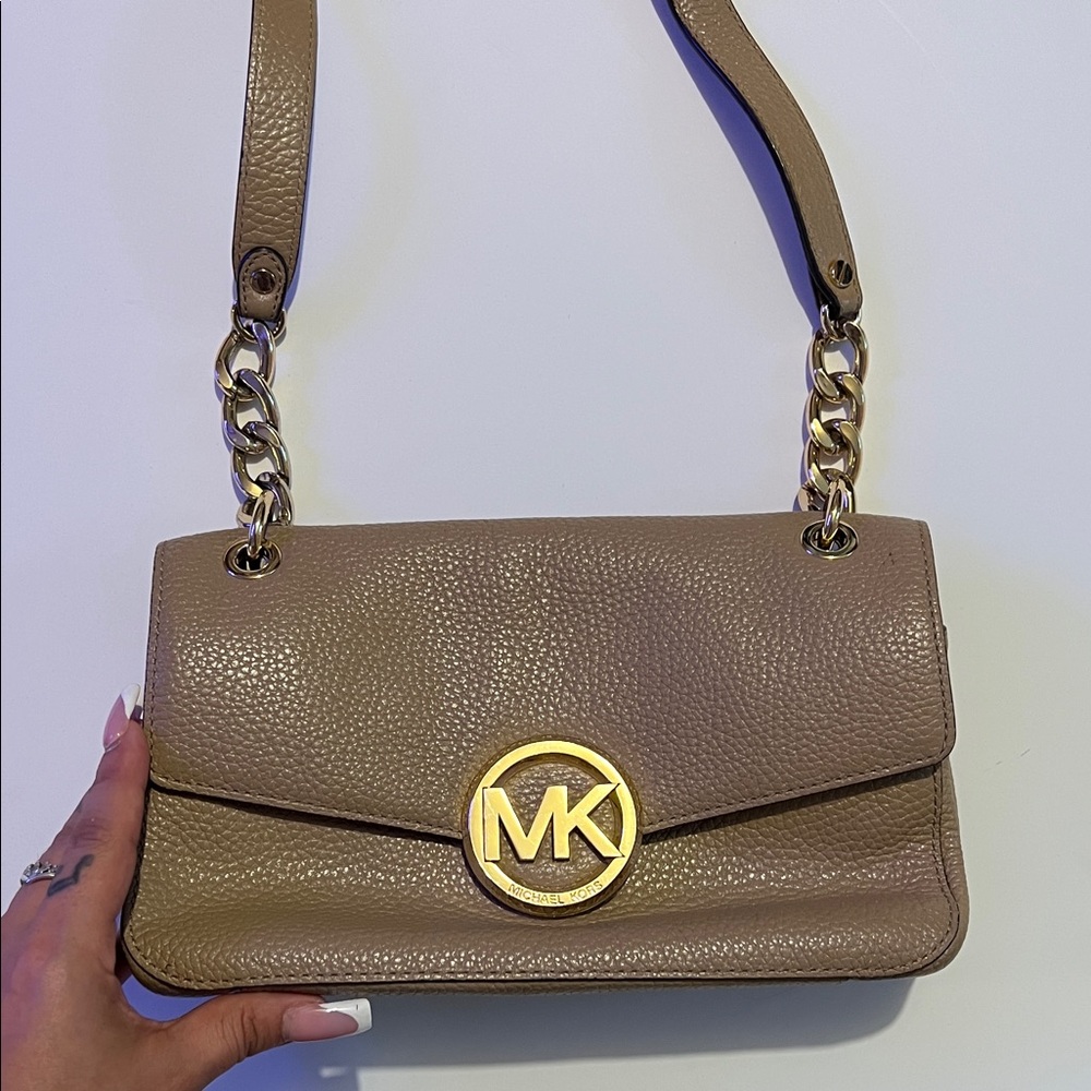 Michael Kors Taupe Leather Shoulder Bag with Gold Accents